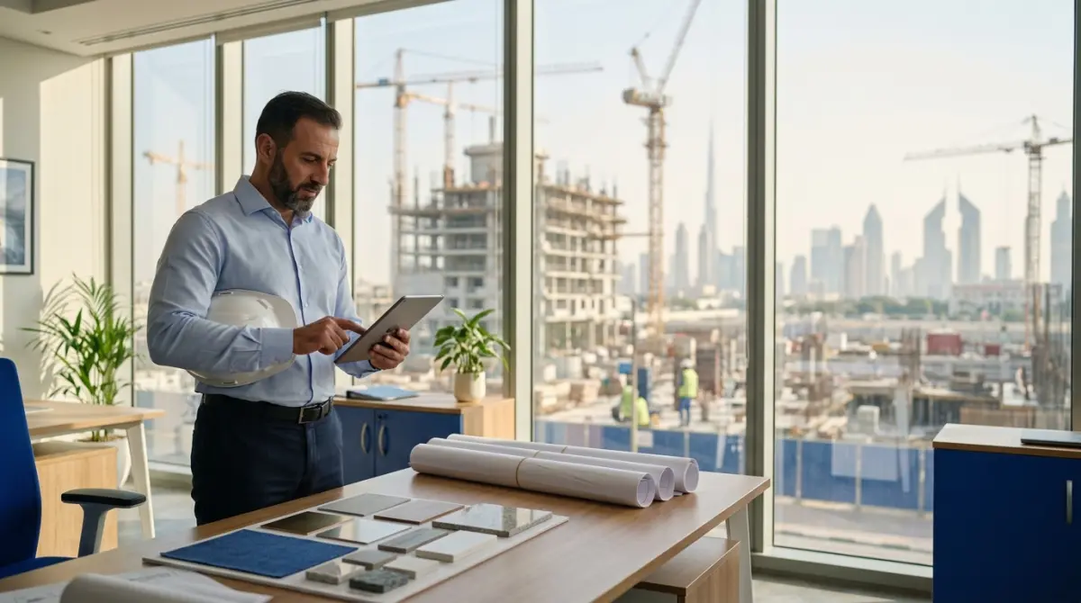 A procurement engineer reviewing quotes on a tablet in a Dubai site office