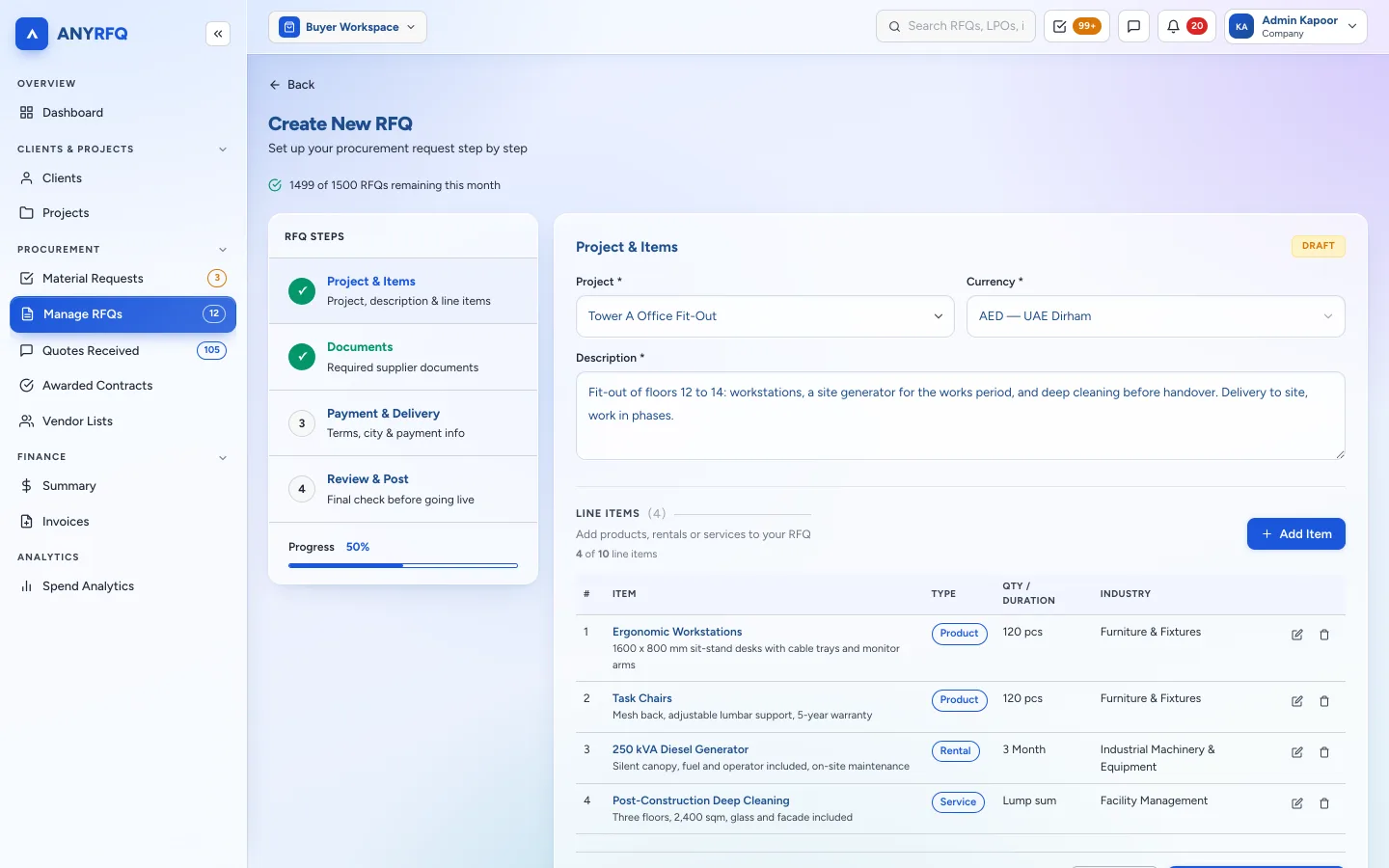 ANYRFQ create RFQ wizard with product, rental and service line items
