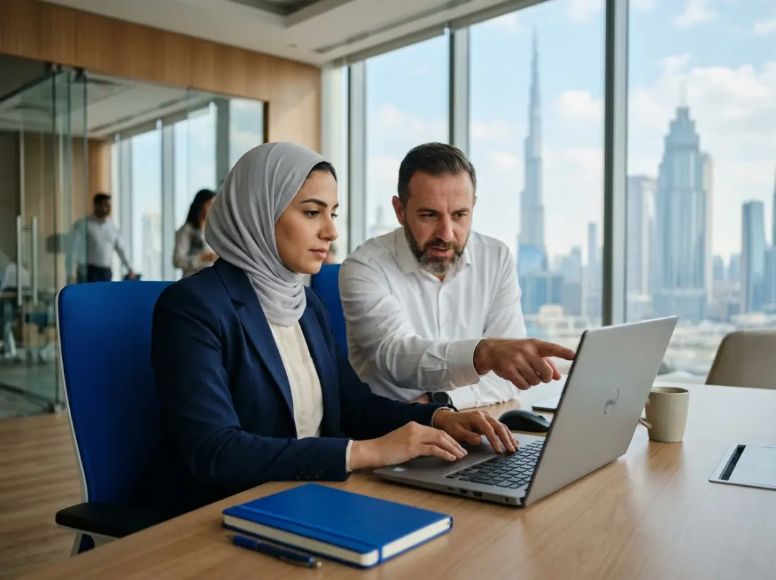 A procurement manager and a colleague comparing supplier quotes on a laptop in a Dubai office