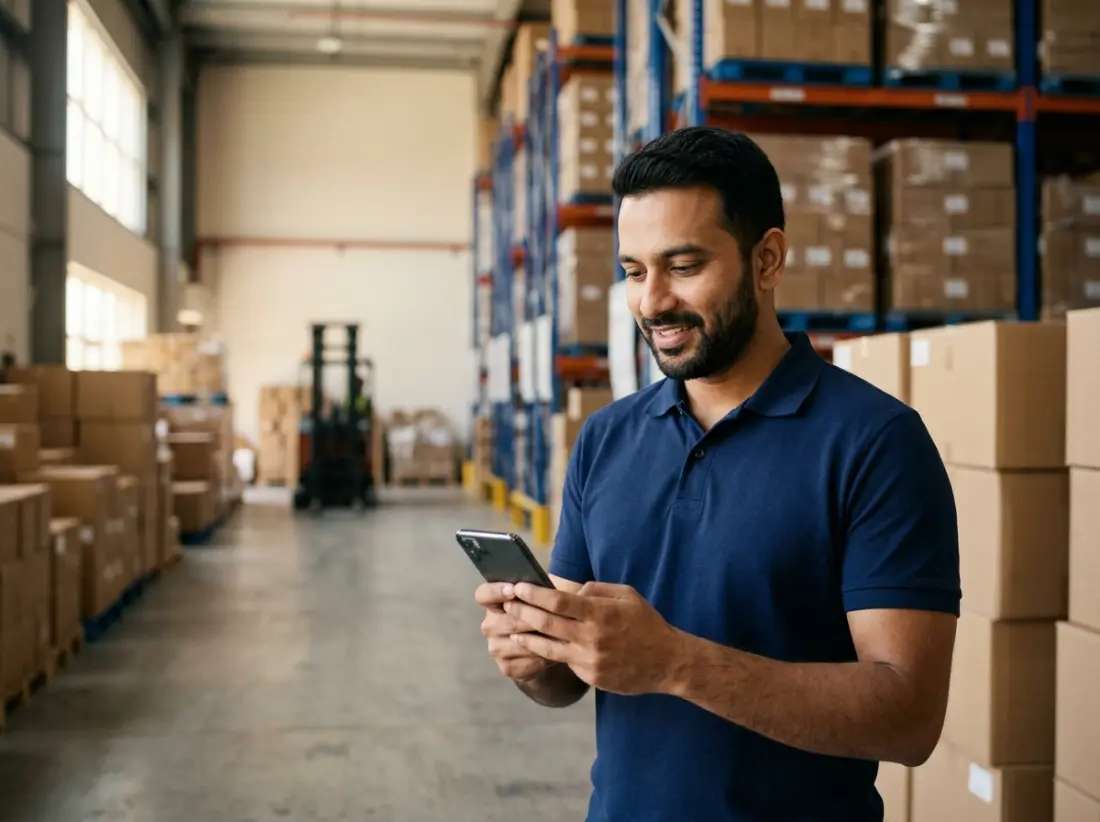 A supplier in his Dubai warehouse checking a new RFQ alert on his phone