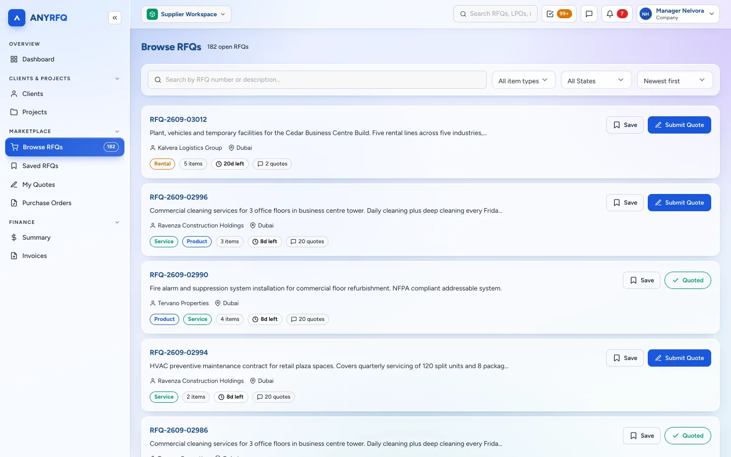 ANYRFQ marketplace listing open RFQs with filters, save and submit quote buttons