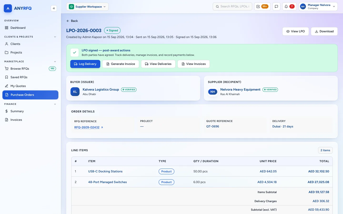 ANYRFQ signed LPO screen with log delivery and generate invoice actions