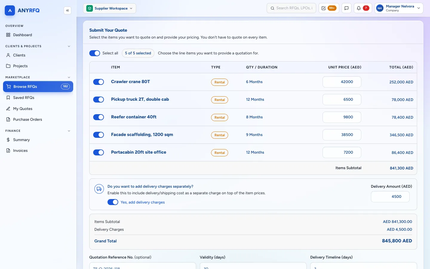 ANYRFQ quote submission with line items, unit prices, delivery charges and grand total
